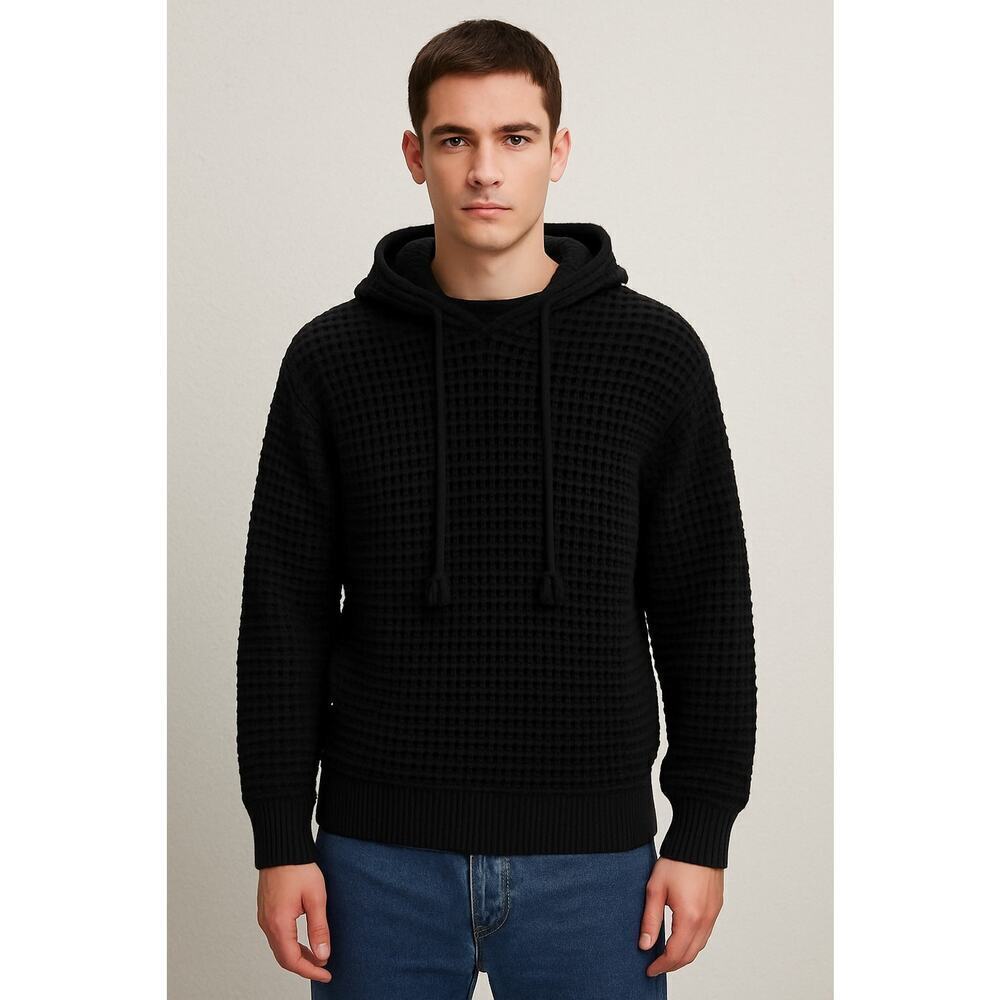 ZARA Mens Black Knit Hoodie Sweater Waffle Open Weave Cotton Pullover Size M